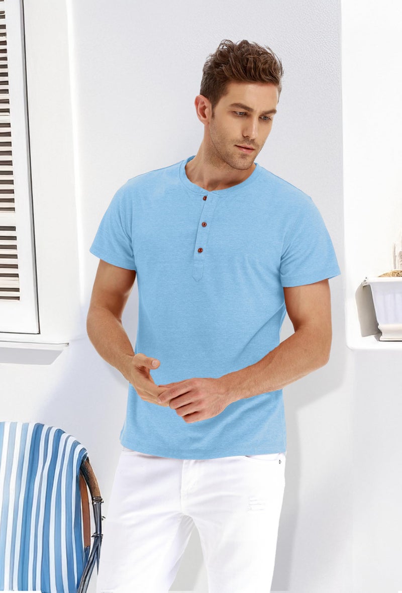 PEGENO Men's Fashion Casual Front Placket Short/Long Sleeve Henley T-Shirts Cotton Shirts (US X-Large, A11 Light Blue) - Image 4